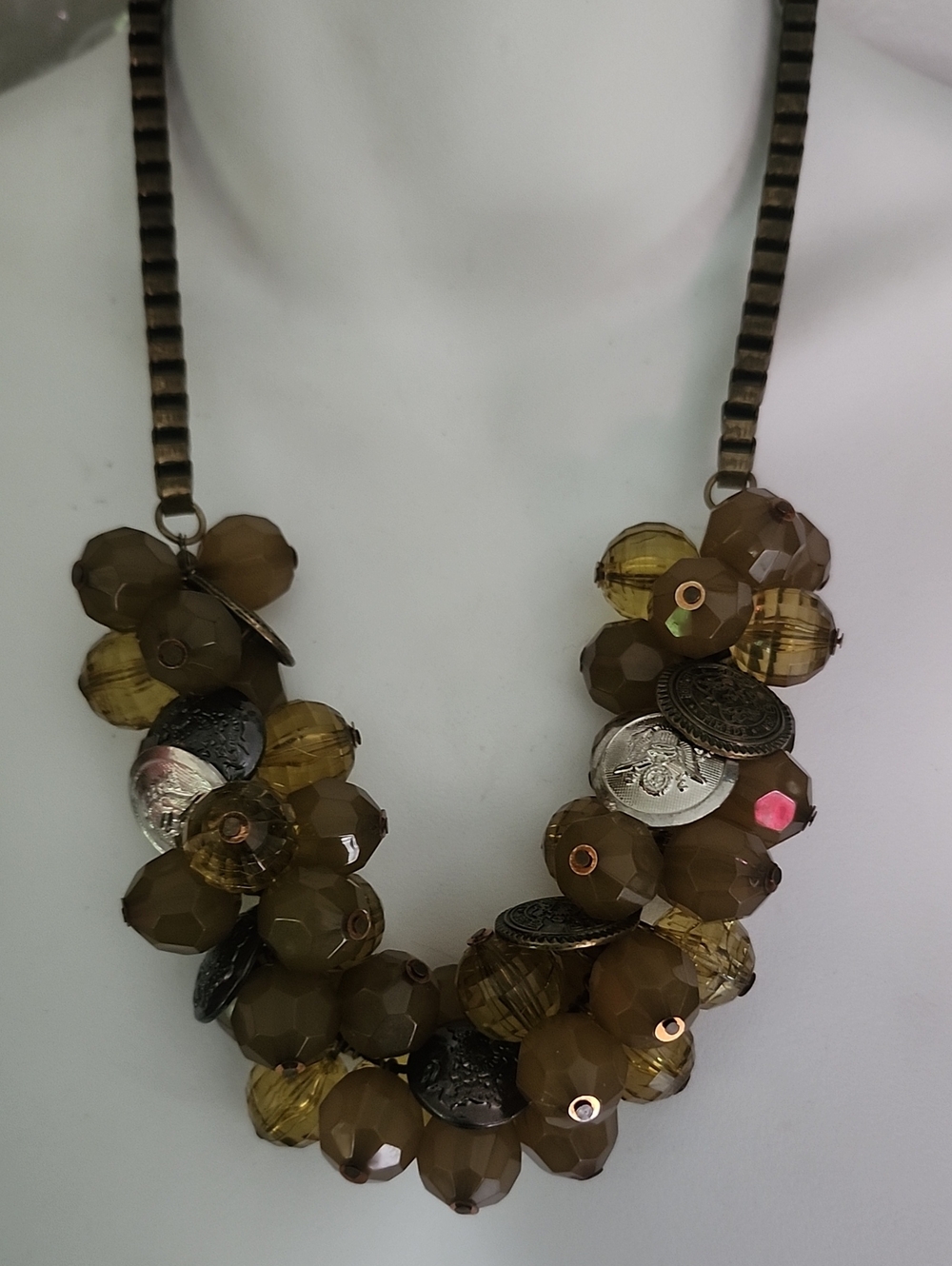 Statement Brown Beaded Cluster Necklace With Coin Accents